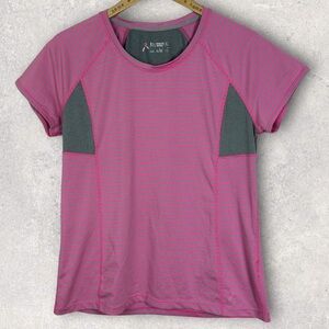 Running Room Striped Breast Cancer Run Top Pink Grey T-Shirt Tee Technical Shirt